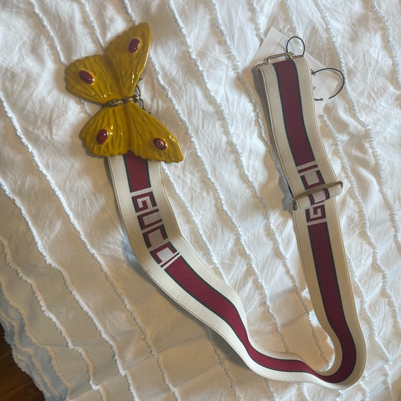 Gucci Yellow Butterfly Buckle Belt with Red and Cream Stripes - Picture 1 of 3